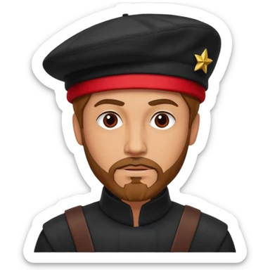 A tall guy with a red goatee. He wears a black baret dressed like a star wars smuggler  sticker