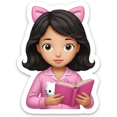 Chica peli negra  cabello ondulado tes trigueña con una pijama rosa de hello kitty leyendo un libro rosa de haditas  sticker