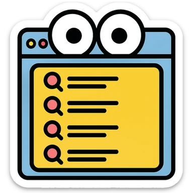 funny icon of a browser window with shocked eyes peeking over a search history list sticker