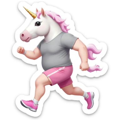 friendly anthropomorphised male white unicorn with an extra chunky, very strong and stocky build, arms and legs matching the white of the head, in grey shorts and pink t-shirt, wearing dark sunglasses, jogging upright in a relaxed pose sticker