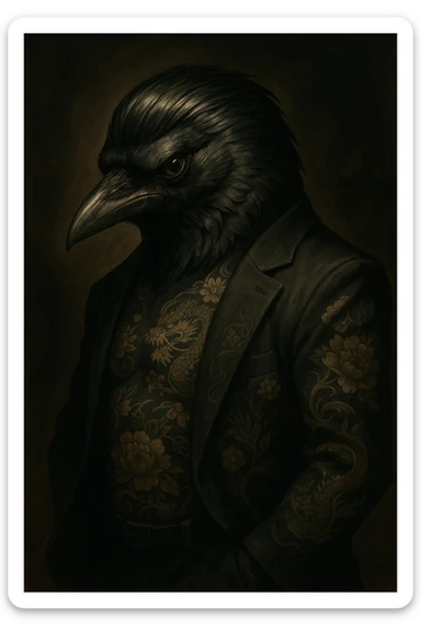 A crow with a yakuza aesthetic, featuring slicked-back feathers, a sharp gaze, and subtle tattoos, in a dramatic pose. sticker