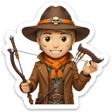 male human monster hunter emoji, wearing brown leather coat and wide hat, holding crossbow or rifle, with amulet shaped like skull, Halloween fantasy theme, confident smile, orange scarf, Apple emoji style, clean white background, square image sticker
