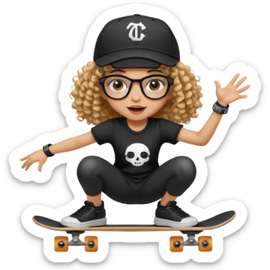 ["An excited girl with light skin, curly hair, wearing a baseball cap and square glasses, dressed in goth fashion, is skateboarding while holding a camera."] sticker