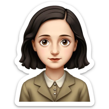 Anne Frank – Cinematic Realistic Portrait of Anne Frank, depicted with a reflective, gentle expression in period clothing, her eyes conveying hope and resilience, rendered with soft, natural lighting and delicate textures that capture the poignancy of her legacy. sticker