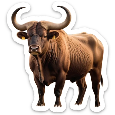 Cinematic Noble Domestic Ox Portrait Emoji, Poised and stalwart, with a massive, muscular build and a thick, smooth hide in deep earthy tones, prominent, curved horns, and steady, soulful eyes, Simplified yet sharp and sophisticated features, highly detailed, glowing with a warm, dignified glow, high shine, intelligent and dependable, stylized with an air of timeless strength, focused and attentive, soft glowing outline, capturing the essence of a watchful and confident ox that feels as though it could plod out of the screen with effortless authority! sticker