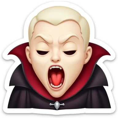 Cinematic Cute Yawning Vampire Portrait Emoji, with a small, rounded, charming pale face accented with tiny playful fangs and droopy, half-closed eyes, head tilted in an adorable wide yawn, dressed in miniature elegant dark attire with a hint of crimson, simplified yet irresistibly endearing, highly detailed with a soft, mysterious glow and gentle outline that captures the cute, drowsy side of an immortal! sticker