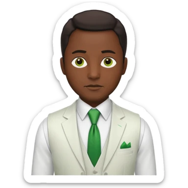 businessman, black skin, brown eyes, white suit vest, green tie sticker