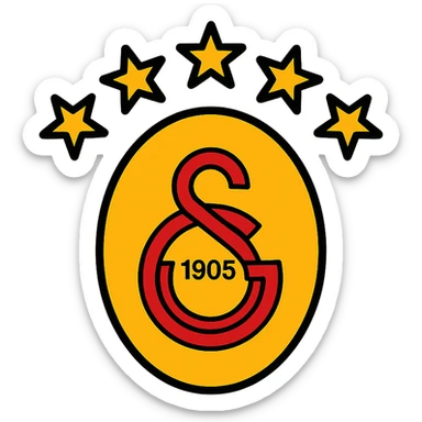 Galatasaray emblem with 5 stars above, yellow and red palette, sleek modern logo, minimalistic, color outline icon style sticker