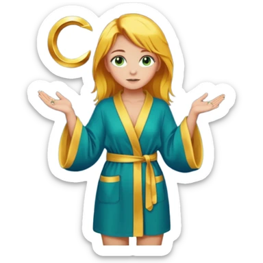 lightly tanned skin, green-blue eyes, cute and sexy girl with bright yellow-brown hair in a dark sky pallete robe, golden rings, slight cute makeup, full body sticker