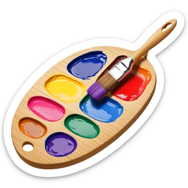 Cinematic Realistic image of a vibrant paint palette and brush, featuring a wooden palette smeared with an array of richly blended colors and a finely detailed brush with soft, delicate bristles, set against a softly textured background that evokes artistic inspiration sticker