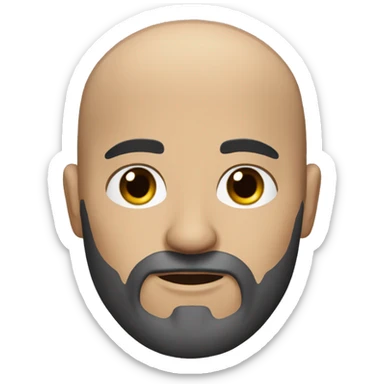 white man, with olive skin, a full black beard with some grays, bald, strong eyebrows, dark-brown eyes, plain shirt sticker