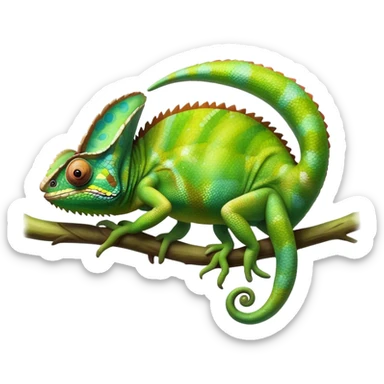 Giant Chameleon blending into natural surroundings, perched on a branch. Its vibrant colors shift with the environment. Lush greenery, branches, and soft sunlight create a peaceful, nature-filled background. Transparent background, showcasing the chameleon's colorful, textured skin. sticker