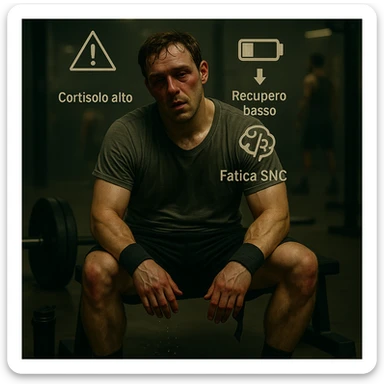 Add floating symbols above the head with Italian text: 'Cortisolo alto', 'Recupero basso', 'Fatica SNC'. The style should be raw cinematic with muted colors and dramatic lighting. The symbols must be clear and legible. sticker