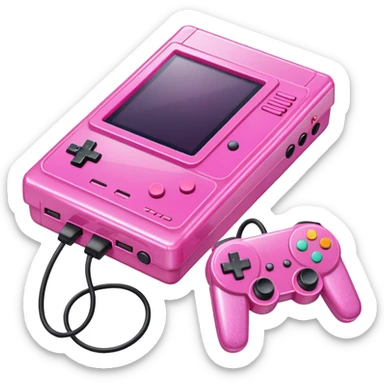 glittery pink 90s retro game console with pink corded controller next to it sticker