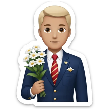 Homme avec bouquet fleurs blanches, avec uniforme bleu foncé cravate rouge, arabe raie sur le côté sans chapeau juste insigne sans bouton manchette et un peu bronzé sticker