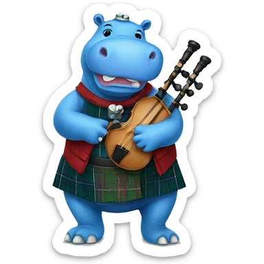 Blue hippo with bagpipes and traditional Scottish clothes sticker