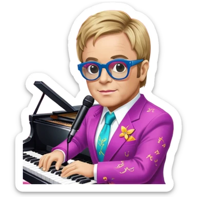 Pop music icon: Elton John at the piano in signature glasses and colorful outfit, George Michael holding a microphone in stylish attire. Stage lights and musical notes in the background. Transparent background. sticker