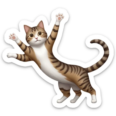 dark brown tabby and white cat with doing a big extremely long stretch reaching up into the air with arms and legs side by side together straight and overextended whilst lying on its side sticker