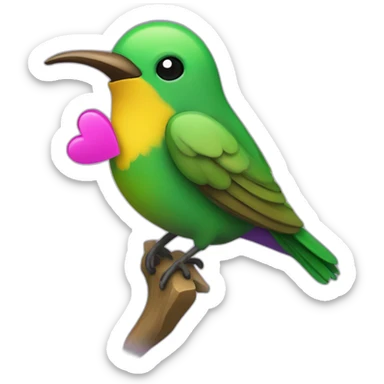 emoji de un colibrí de color verde y morado con un corazón Amarillo sticker