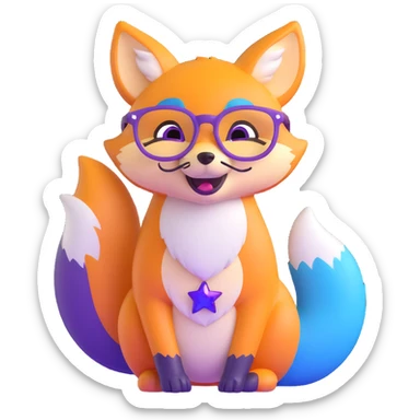 A magical fox with shimmering purple and blue fur, a glowing tail, a silver star on its forehead, and round glasses, laughing so hard that tears are streaming from its eyes sticker
