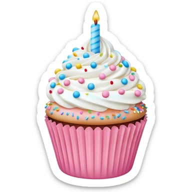 birthday cupcake with white cream, and colorful sprinkles on the top. IOS emoji style. Use pastel colors. pink, sky blue, white. sticker