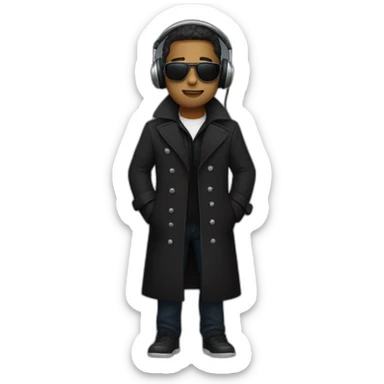 He should wear headphones and wear a black trench coat.  sticker