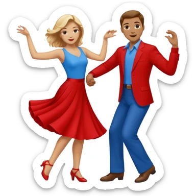 Two people. Man  wearing all red  with brown hair. Women iall blue with blond hair. Swing Dancing.  sticker