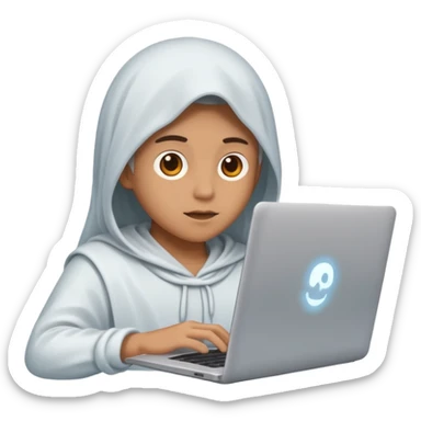 Create an emoji where an ungender person sits in front of the desk, designing ghost characters on laptop. Please refer to the attached image for ghost characters. sticker