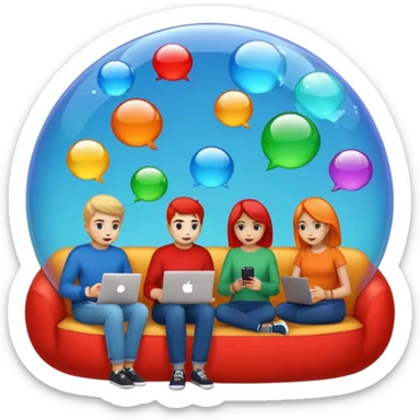 Multiple people inside colorful transparent bubbles (blue, red, orange, green), each using a smartphone or laptop. The people are in casual clothing, and the background is a simple cityscape with soft lighting. Emoji-style, clean and modern design. sticker
