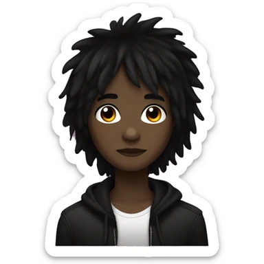 darker skin, brown eyes, black layered shag hair, emo sticker