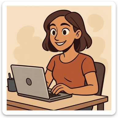tan woman with brown eyes and brown shoulder length hair, working at a desk with a laptop, looking productive, modern illustration sticker