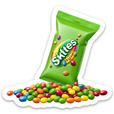 A colorful Skittles candy pack with green candies spilling out. Minimalist design with bright rainbow colors on the package and only green Skittles candies. sticker