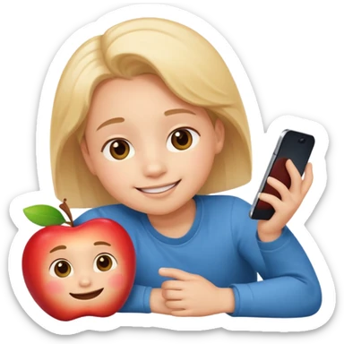happy little kid with a phone, lying on their stomach, apple style emoji sticker