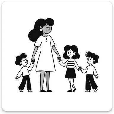black doodle illustration of two women and two small children, joyful, hand-drawn style sticker
