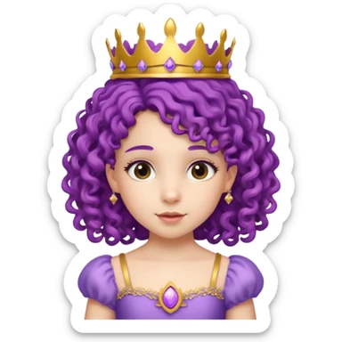 Princesses kid girl, with Gold Crown and flower on purple curly hair, with white dress sticker