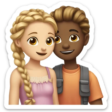 A blushing boy giving a girl in braids a candy sticker