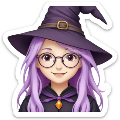 cute anime girl with long lilac hair in witch hat and glasses smiling sticker