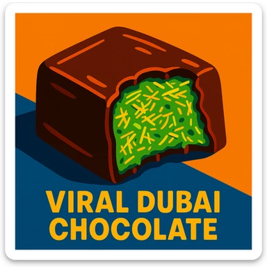 stylized illustration of the viral Dubai chocolate, bitten to show a bright green pistachio kataifi filling (shredded pastry and pistachio), with glossy highlights sticker