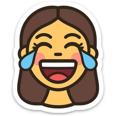 vibrant vector emoji of a female face laughing, eyes closed with tears of joy, mouth wide open showing teeth and tongue, rosy cheeks, long eyelashes, makeup details, bright and playful, smooth lines, energetic expression sticker