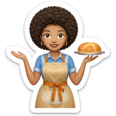 Mujer curvy afro, con vestimenta cómoda y delantal, con sonrisa contagiosa y dando la bienvenida  sticker