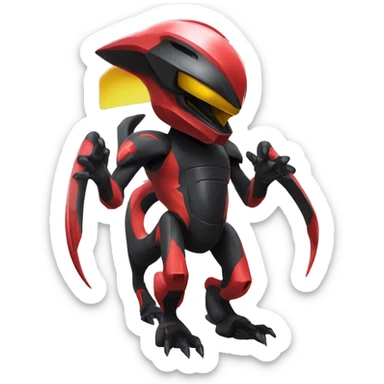 a shiny black-red-yellow Genesect-Raptor-Fakémon—hybrid with a futuristic visor-helmet full body sticker