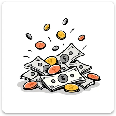 Money, cash, bills and coins in pastel colors (dd9fb0, ffc6d3, a3bfc9, c4bee2, f1b091), hand-drawn doodle style sticker