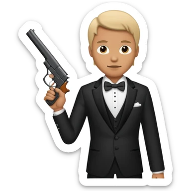 Man wearing a  tuxedo with a gun sticker