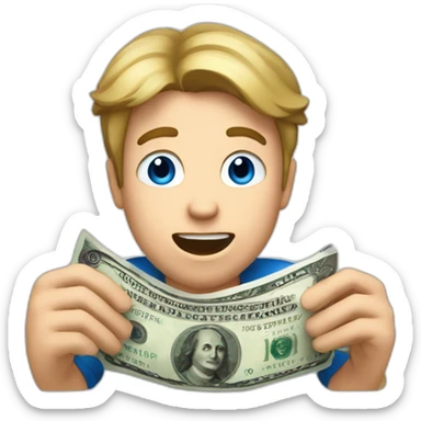 White guy with dark blond hair and blue eyes holding a euro bill with both hands acting surprised sticker