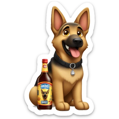 German shepherd holding a bottle of malort liquor sticker
