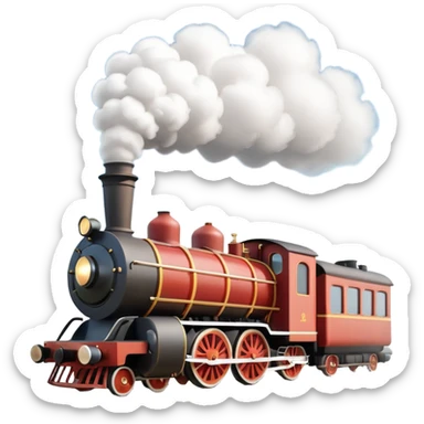 A 3D cartoon steam train puffing clouds of white smoke from its chimney, outdoor scene, warm sunlight, realistic Memoji-style. sticker