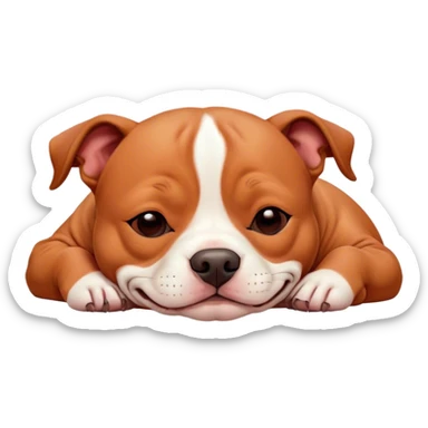 Meme-Worthy Cute Sleeping Red/Fawn Staffordshire Bull Terrier Portrait Emoji, Head resting peacefully with a contented smile, showcasing a delightfully compact build and a luxuriously soft red/fawn Fur with subtle white highlights, eyes shut in a serene nap, Simplified yet hilariously adorable features, highly detailed, glowing with a soft, drowsy light, high shine, relaxed and utterly lovable, stylized with an air of playful laziness, bright and heartwarming, soft glowing outline, capturing the essence of a comically sleepy guardian, so meme-worthy it feels like it could instantly become the next viral sensation of adorable slumber! sticker