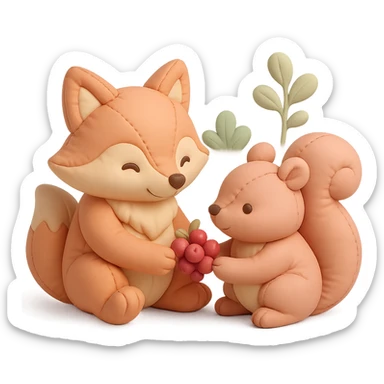fox and squirrel sharing berries, forest friendship scene, soft pastel colors, cushion style sticker