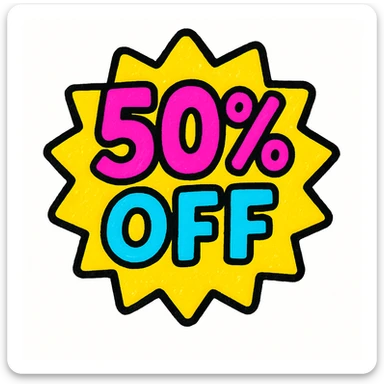 bold, eye-catching '50% OFF' badge, modern style, vibrant colors, suitable for sales and promotions sticker
