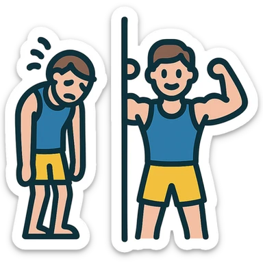 in the picture is devided in to two parts, at the first the sportsman is weak and lazy, but at the second picture the same sportsman is very strong because he doing a workout regularly sticker